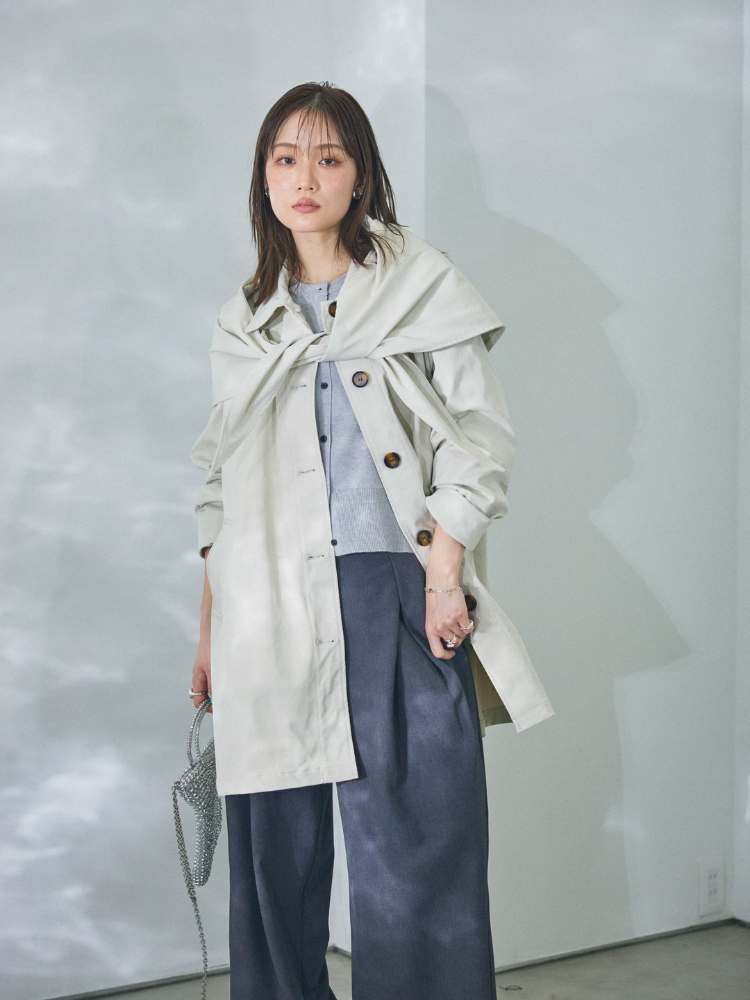 【Allure】[SET]スカーフ付ステンカラーミディアムコート+スカーフ付ステンカラーミディアムコート(2set)