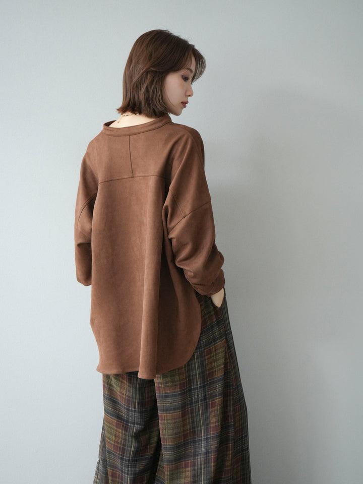 [SET]スエードバンドカラーオーバーシャツ+シアーチェックバギーパンツ(2set)