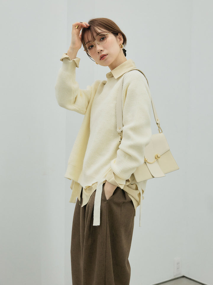 【Allure】[SET]サイドスリット畦編みニットプルオーバーシャツアンサンブル+ループデザインツイルワイドパンツ(2set)