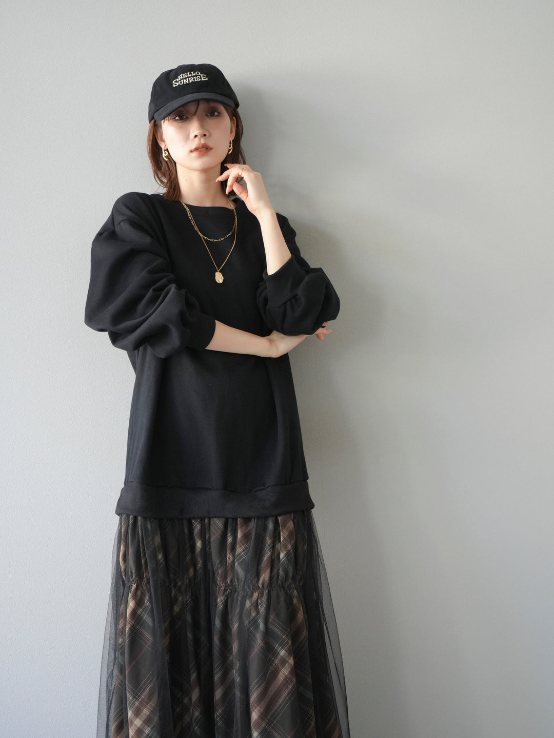 [予約]スウェットドッキングチェック柄レイヤードワンピース/ブラック