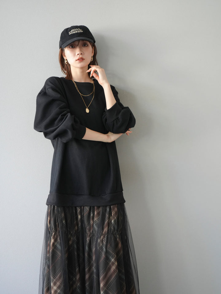[予約]スウェットドッキングチェック柄レイヤードワンピース/ブラック