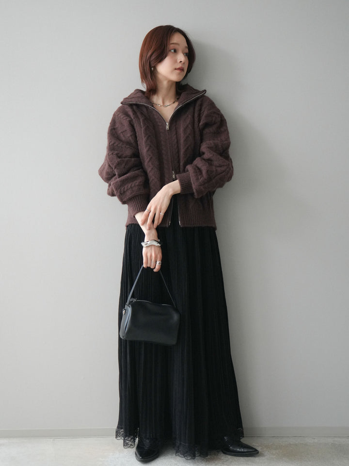 [SET]ケーブル編みハイネックZIPニットカーディガン+裾レーススウェードプリーツマキシスカート(2set)