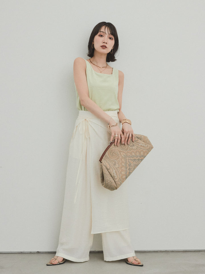 [SET]スクエアベロアタンクトップ+ワッシャーサテンレイヤードスカートパンツ(2set)