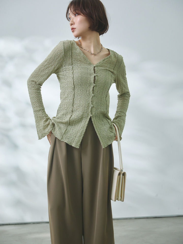 【Allure】[SET]ストレッチレースカーディガン+エステルツイルタックワイドパンツ(2set)