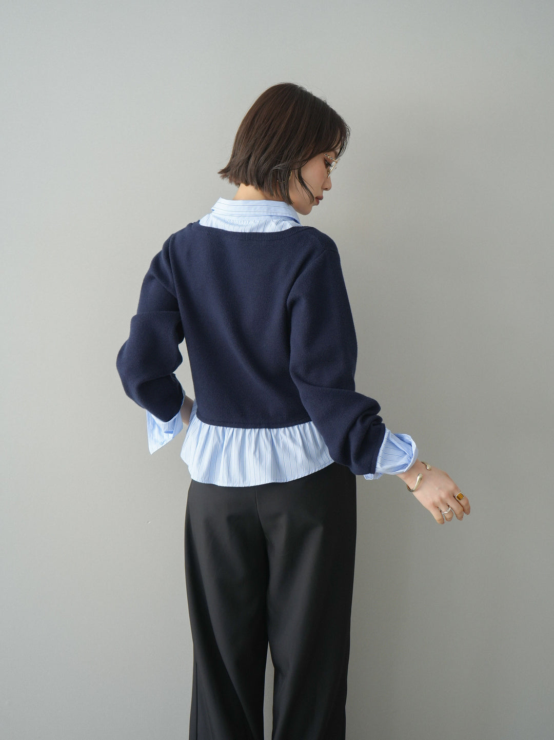 [予約]ストライプシャツUネックドッキングニットプルオーバー/navybluestripeB