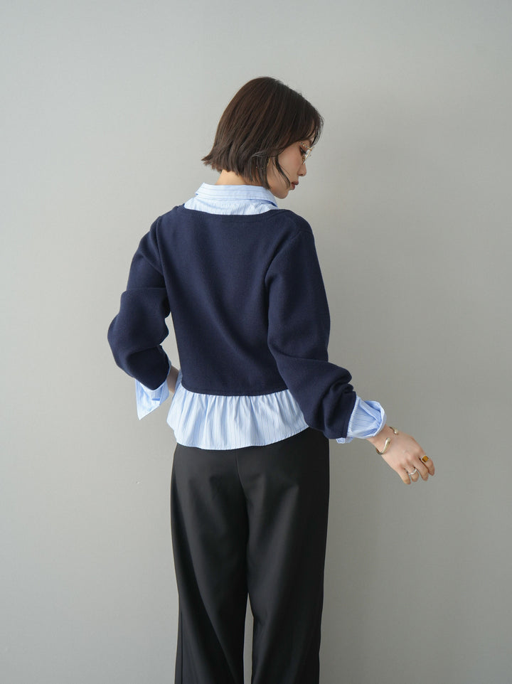 [予約]ストライプシャツUネックドッキングニットプルオーバー/navybluestripeB
