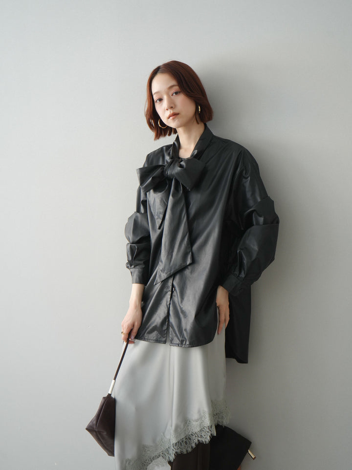 [SET]フェイクレザーボウタイブラウス+センターシームフレアパンツ(2set)