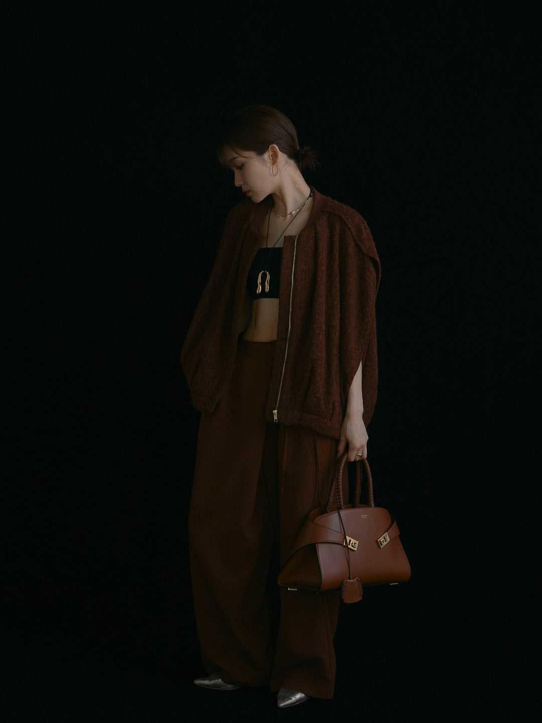 [予約]ラップデザインタックワイドパンツ/ブラウン