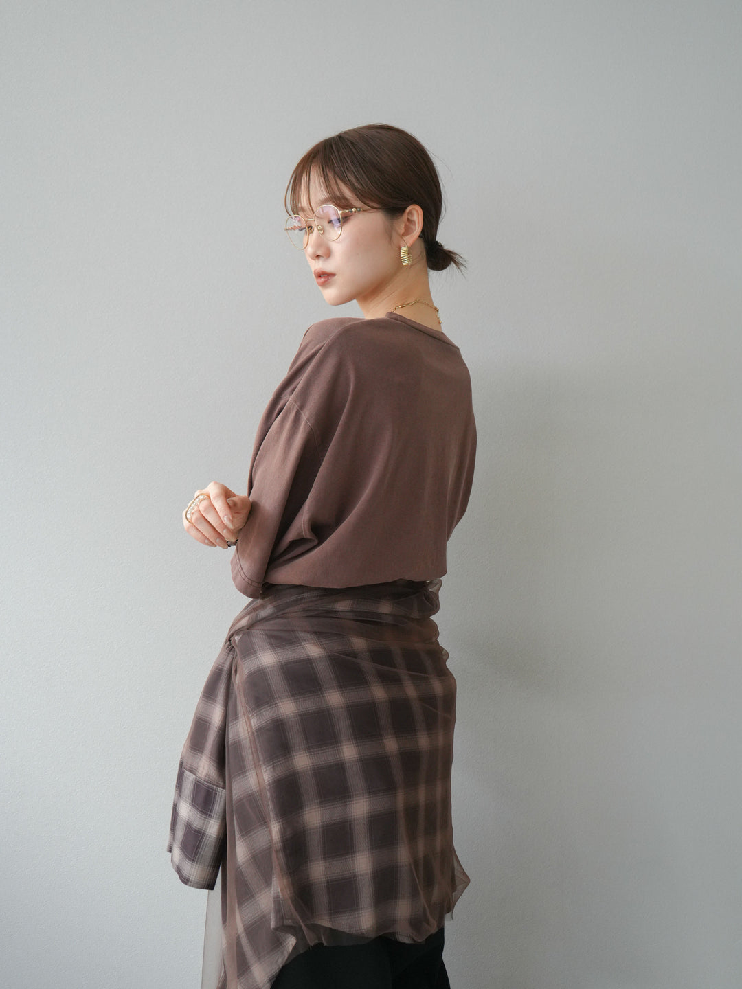 [SET]ピグメントロゴプリントTシャツ+2WAYデザインスウェットパンツ+チュールドッキングチェック柄オーバーサイズシャツ(3set)