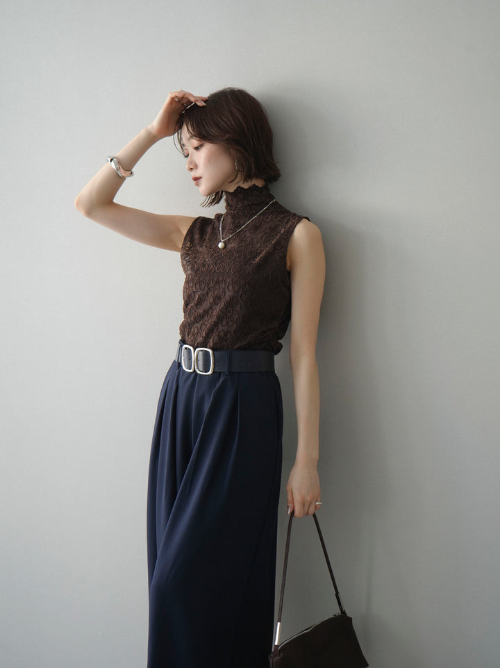 [予約]ノースリーブプチネックフラワージャガードトップス/brown