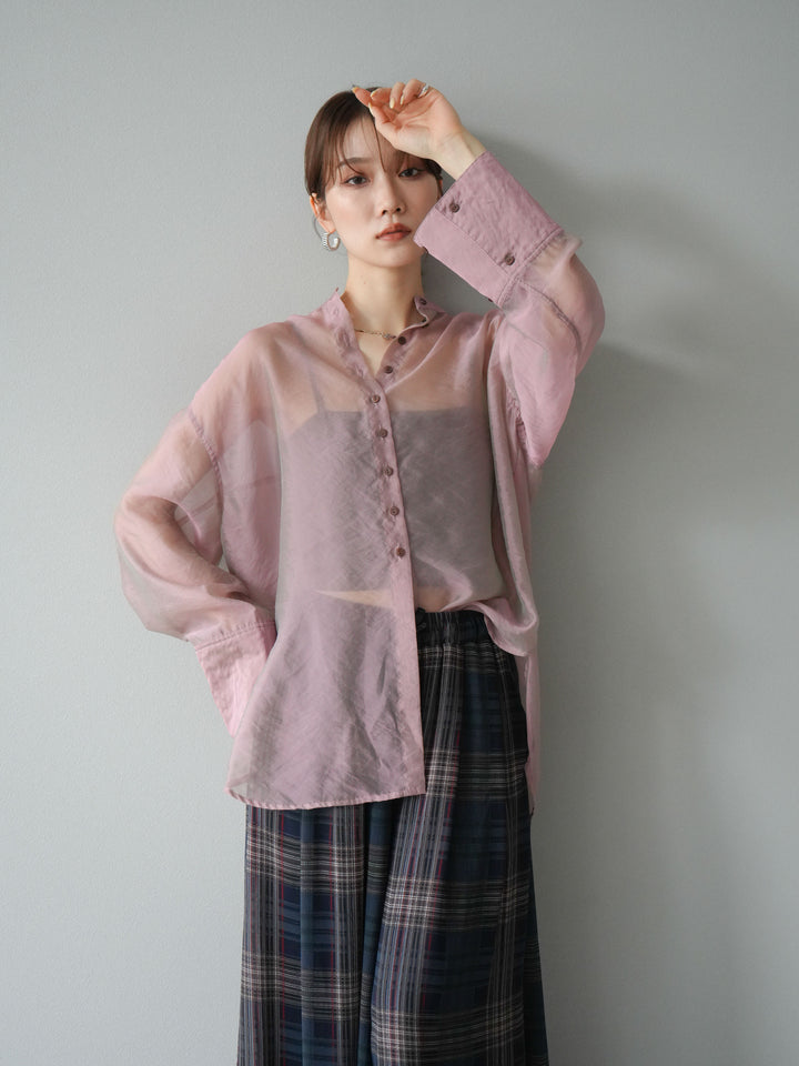 [SET] 亮面透視立領襯衫 + 透視格紋寬鬆褲 (2 件套)