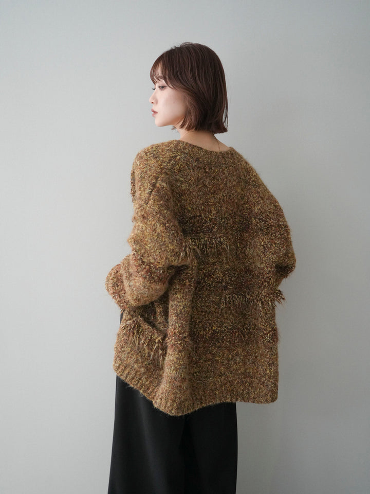 [SET]ミックスヤーンフリンジデザインニットジャケット+ストーンフォークリング(2set)