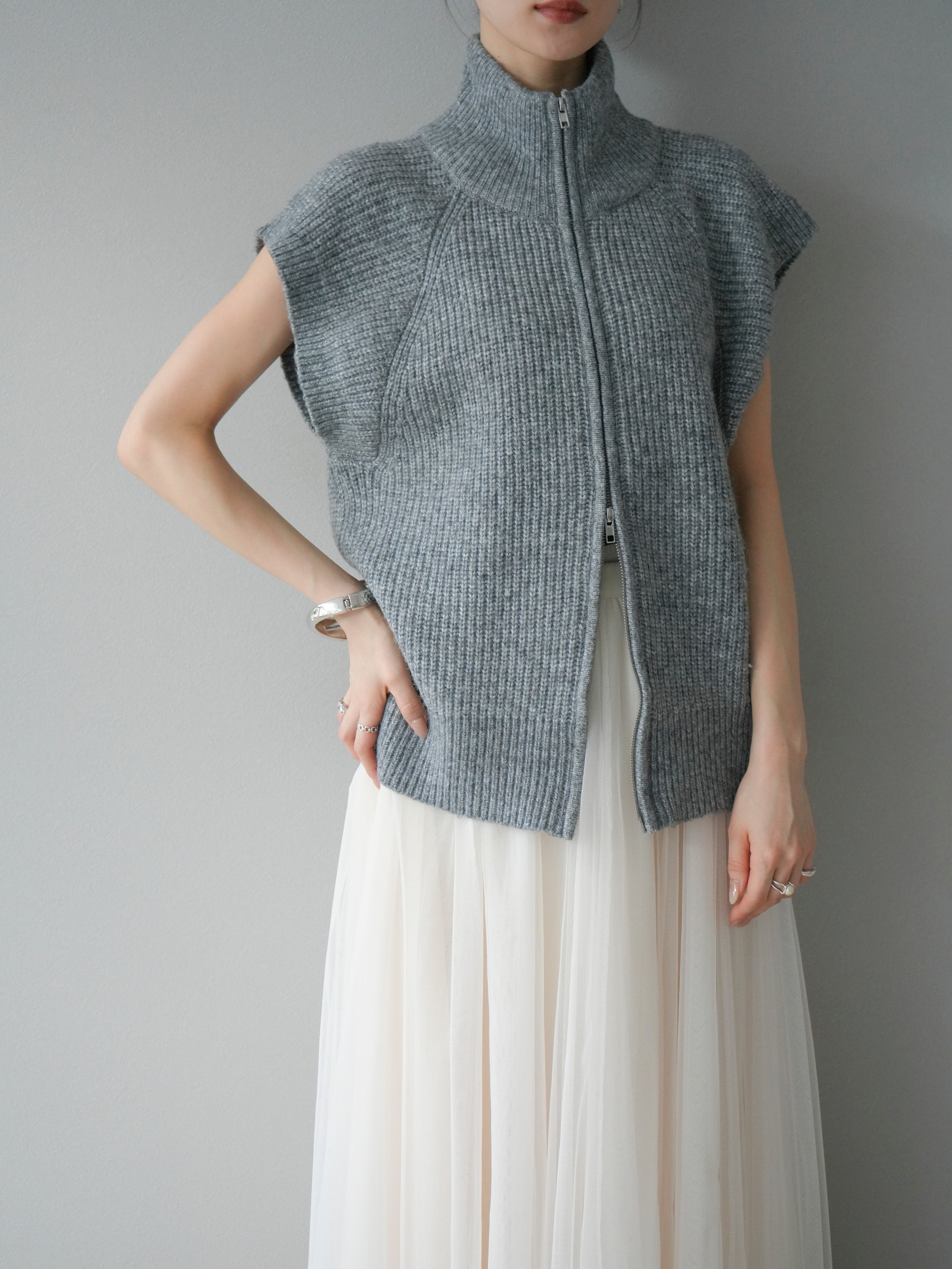 予約]ダブルZIPハイネック畦編みニットベスト/杢グレー – Lumier