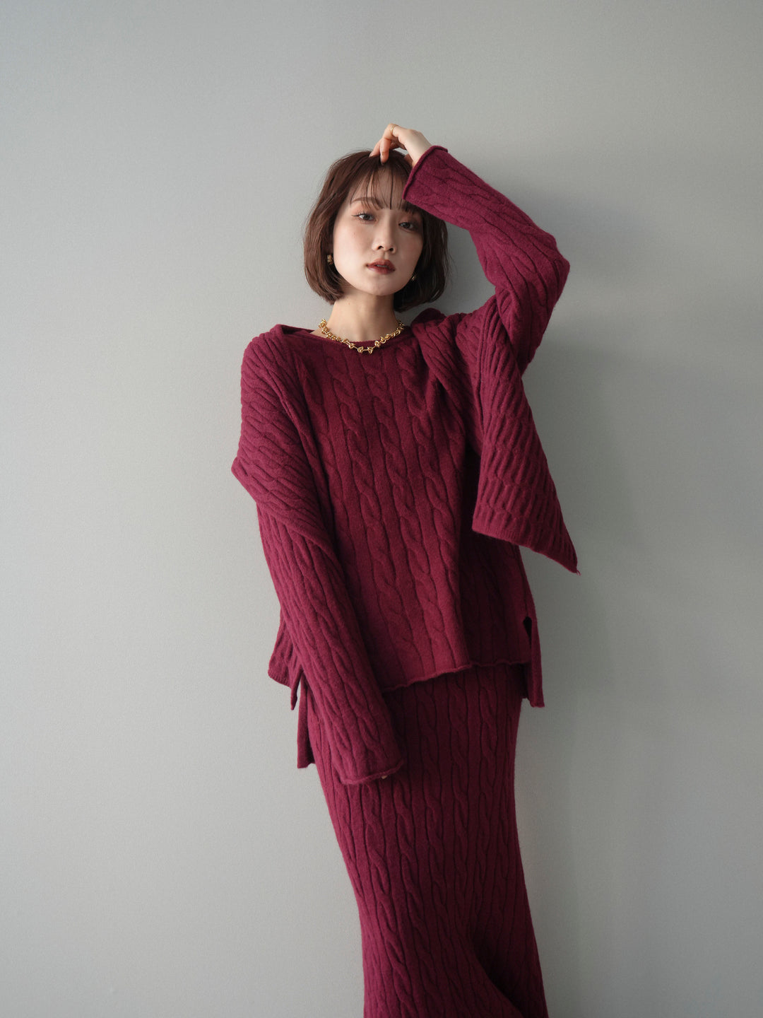 [SET]ストール付ケーブルニットプルオーバー&ロングスカートSET UP(2set)