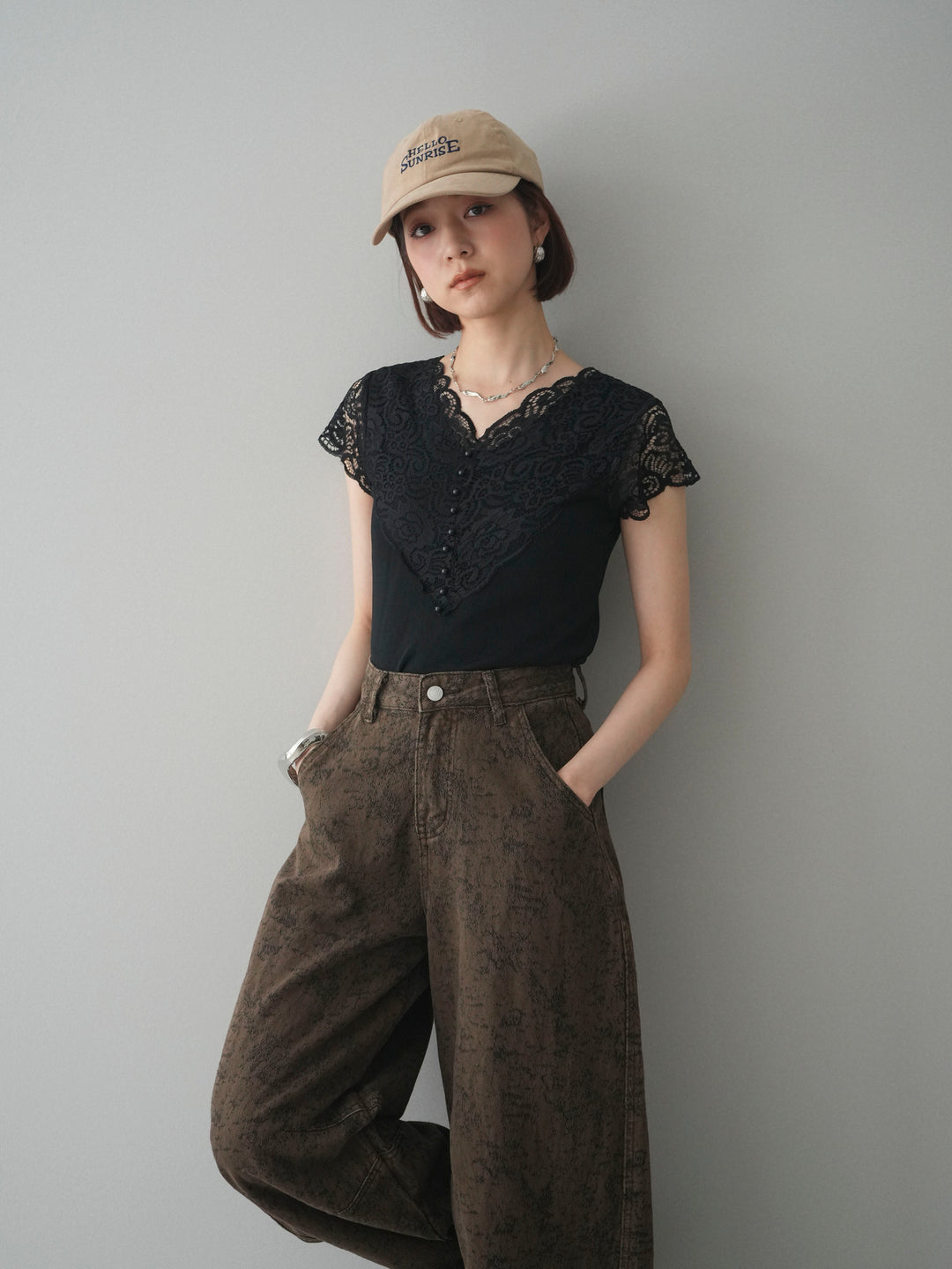 [SET]パールボタンレース切替ニットトップス+ジャガードカーブデニムパンツ(2set)