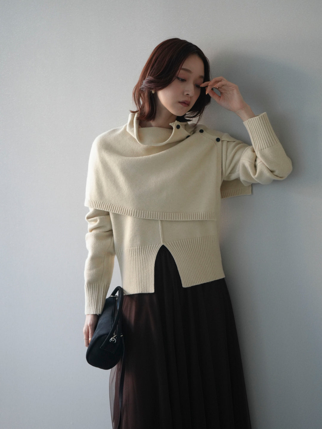 [予約]フロントスリットネックアンサンブルニット/ivory