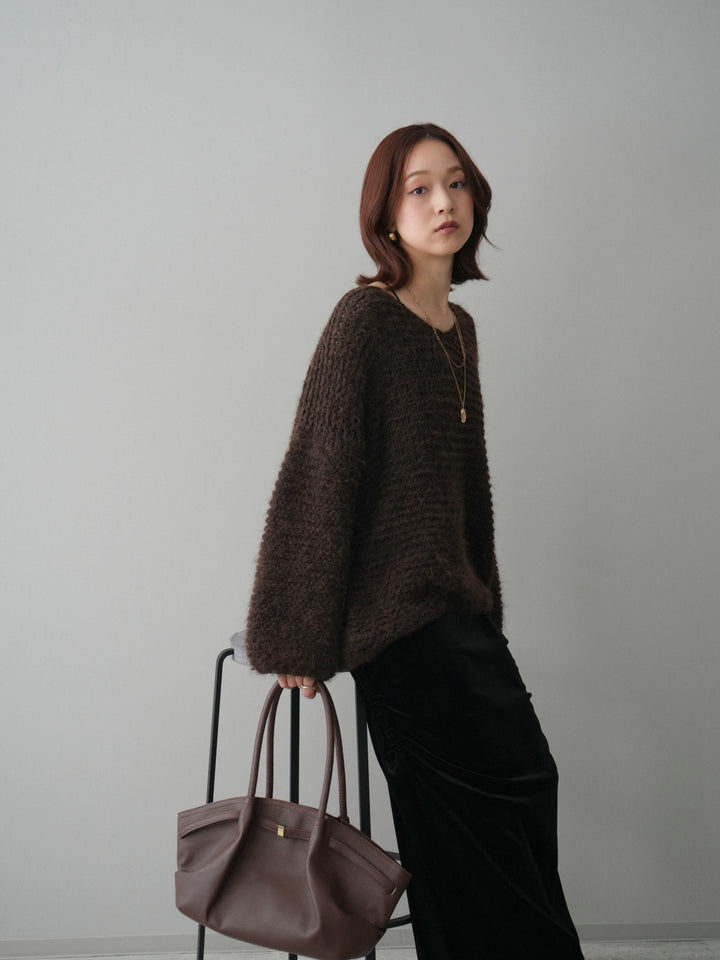 [SET]ワッフル編みシャギーニットプルオーバー+ギャザーベロアスカート(2set)