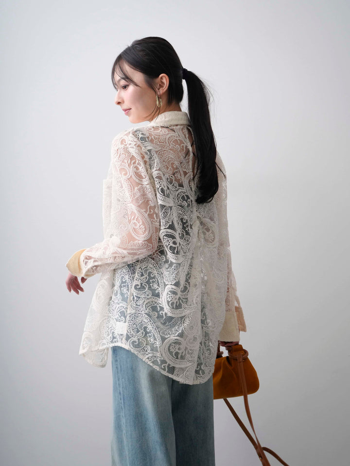 [SET]シアーペイズリー刺繍長袖ブラウス+カップ付きバッククロスキャミソール(2set)