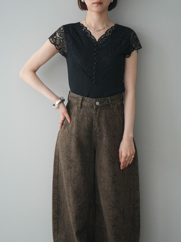 [予約]パールボタンレース切替ニットトップス/black