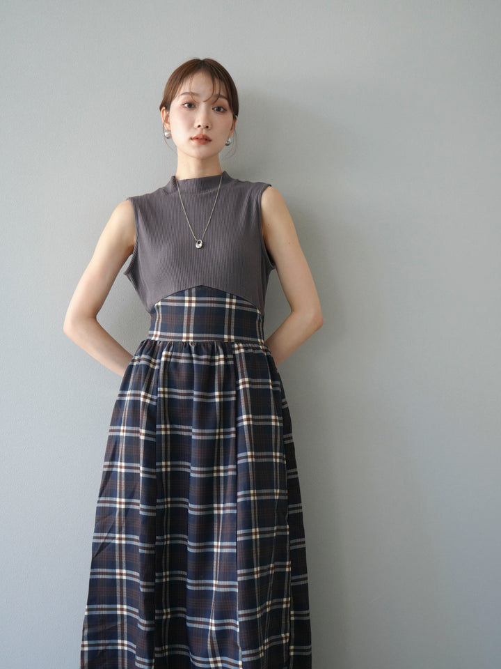 [SET]テレコ×チェックドッキングノースリワンピース+選べるアクセセット(2set)