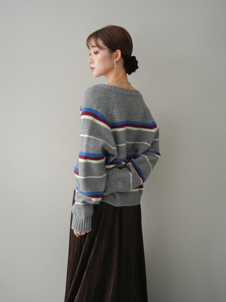 [予約]ランダムボーダーニットカーディガン/gray