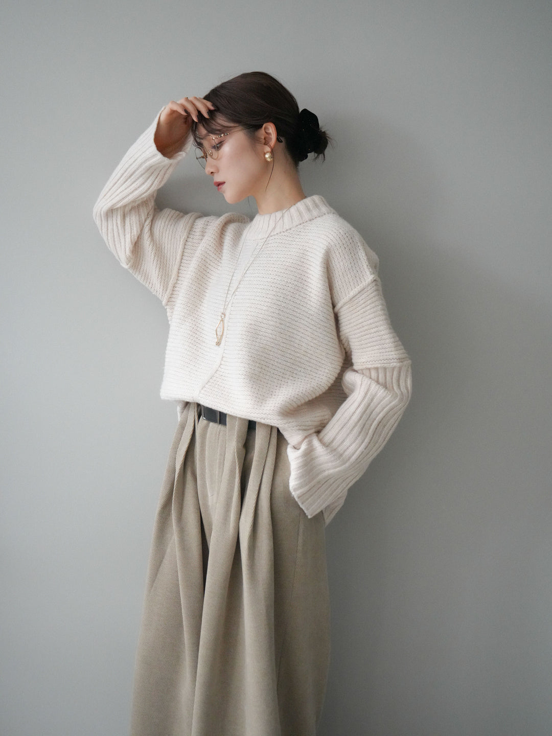 [SET]編み地切替ボトルネックニットプルオーバー+ベルトデザインループコールテンワイドパンツ(ベルト付き)(2set)