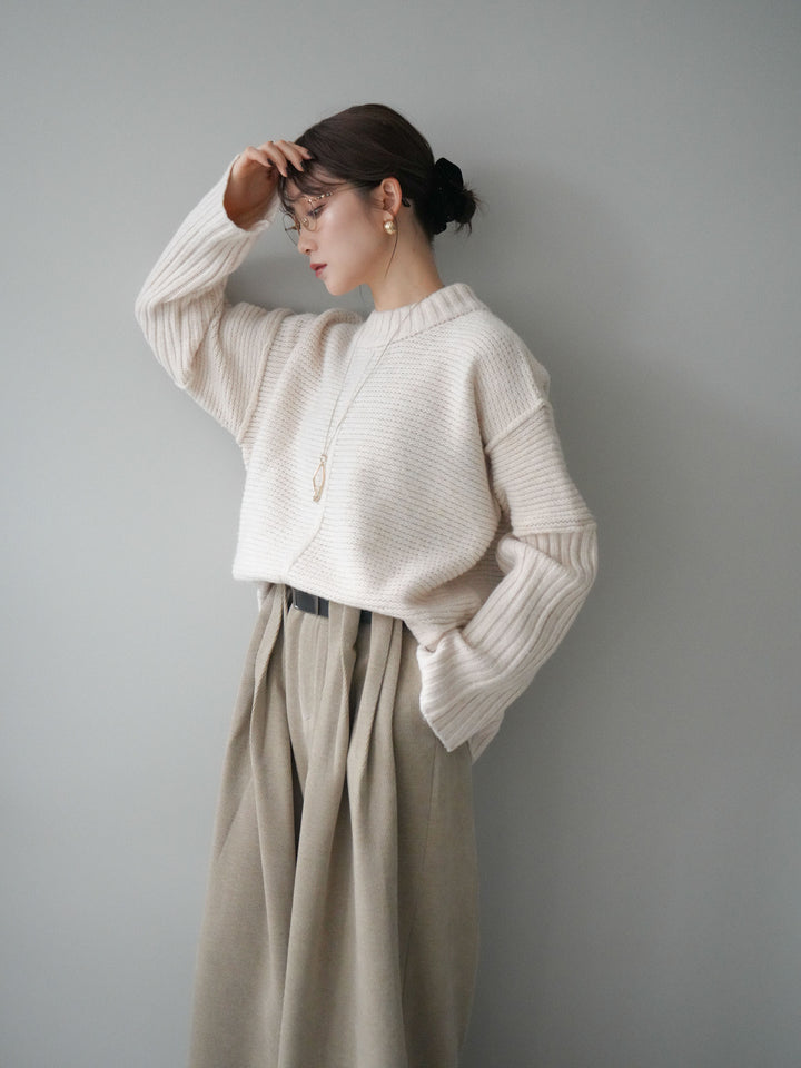 [SET]編み地切替ボトルネックニットプルオーバー+ベルトデザインループコールテンワイドパンツ(ベルト付き)(2set)