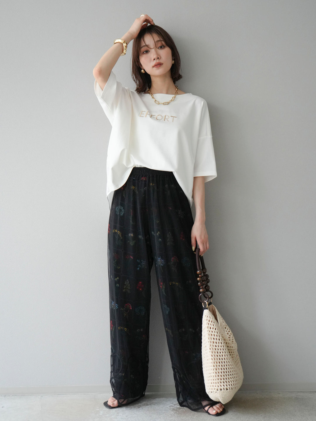 [予約]異素材メタリックロゴ刺繍×プリントTシャツ/オフ