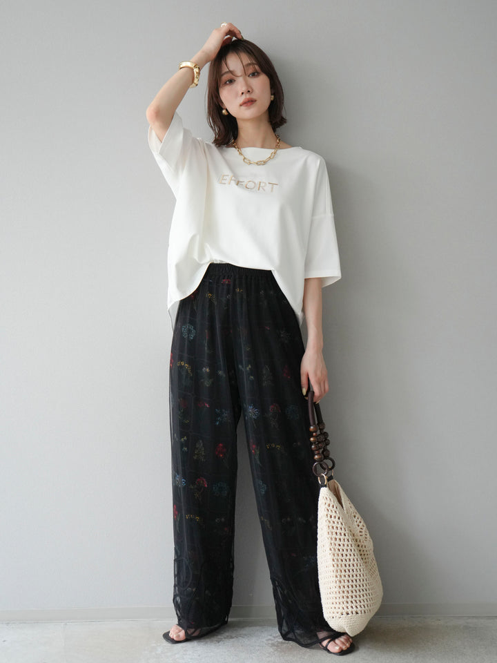 [予約]異素材メタリックロゴ刺繍×プリントTシャツ/オフ