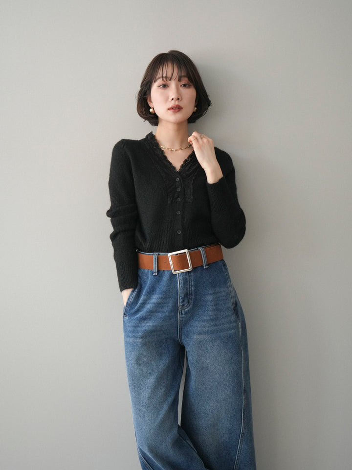 [SET]レースネックコンパクトニットカーディガン+選べるアクセセット(2set)