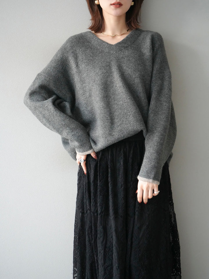 [SET]Vネック配色スリーブニットプルオーバー+選べるアクセセット(2set)