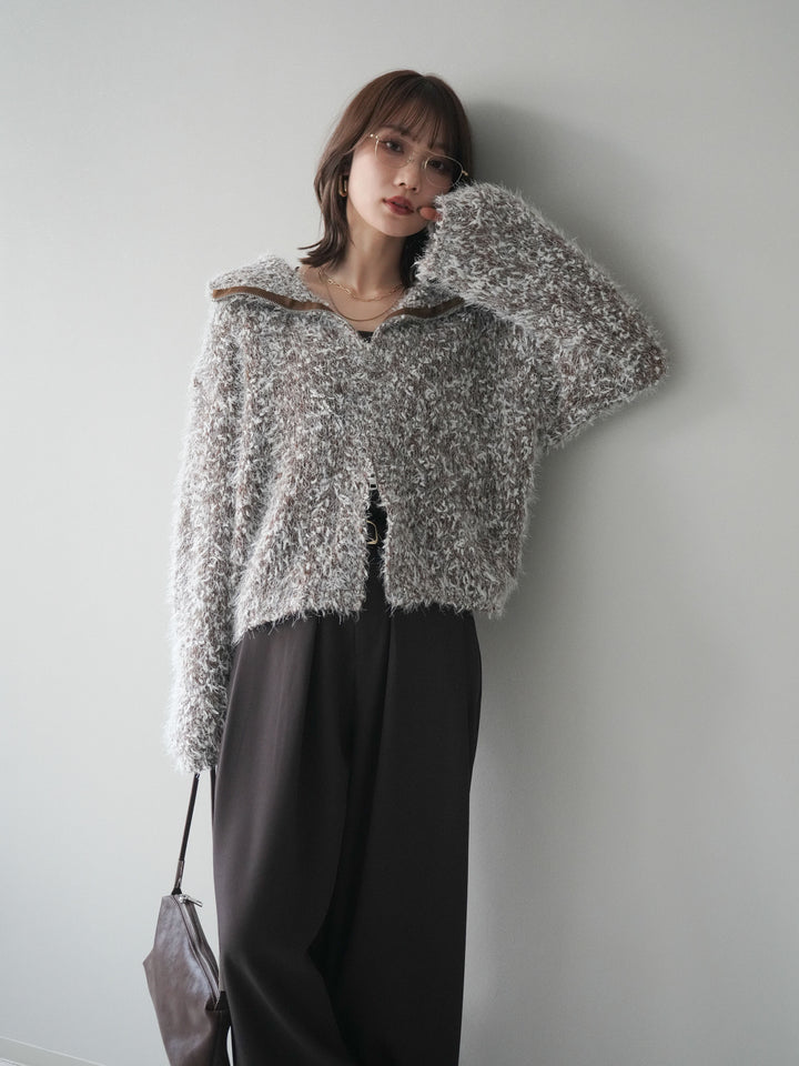 [予約]ミックスシャギージップニットカーディガン/brown