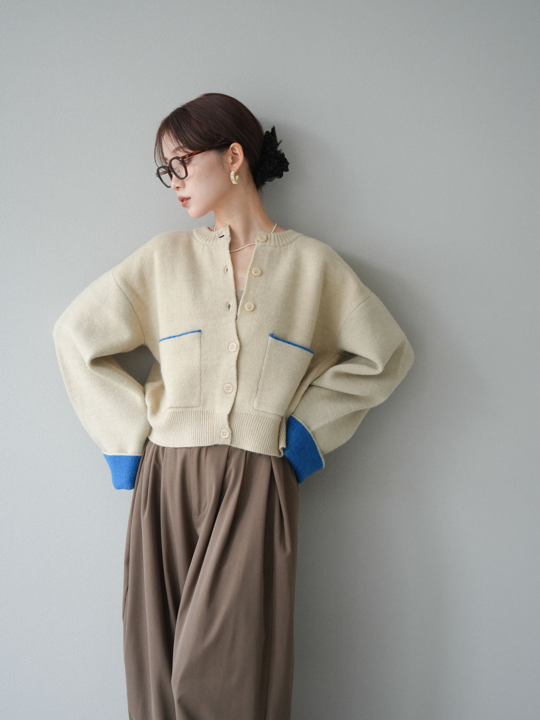 【SET】雙色針織開襟衫+褶襉設計寬褲（2套）