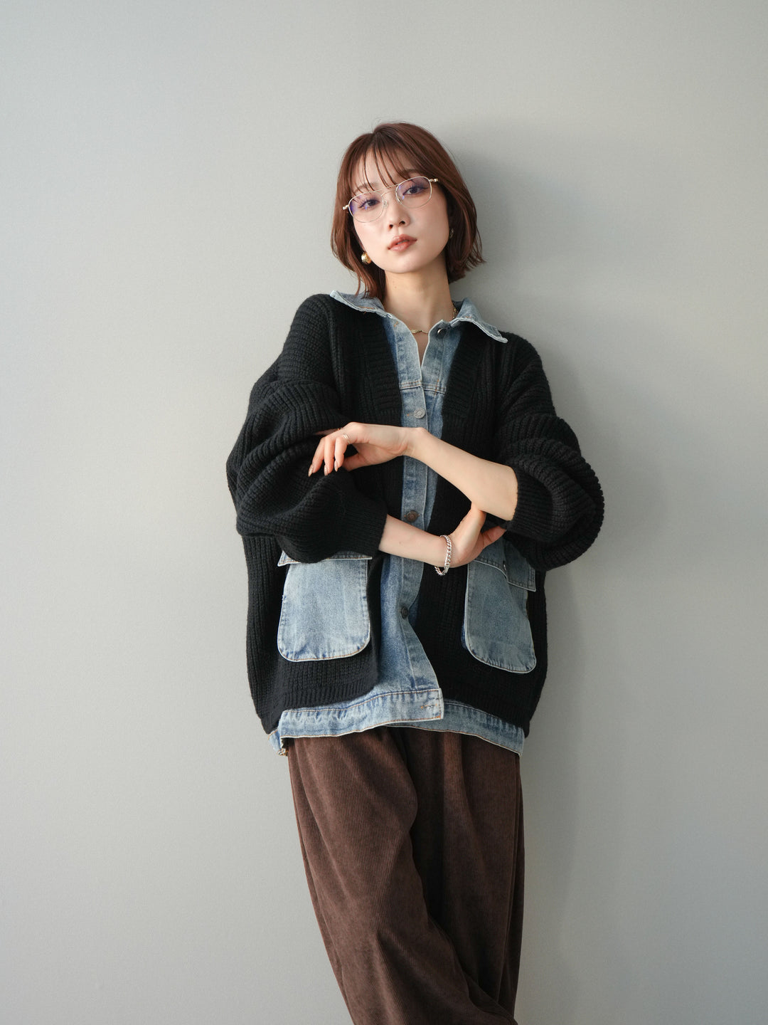 [SET]デニムドッキングオーバーニットジャケット+コーデュロイサイドタックコクーンパンツ(2set)