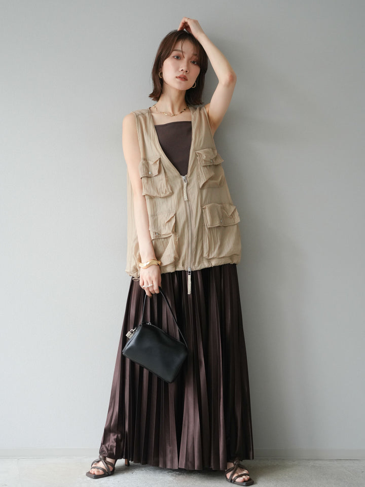 [預購] 尼龍大口袋透視背心/米色