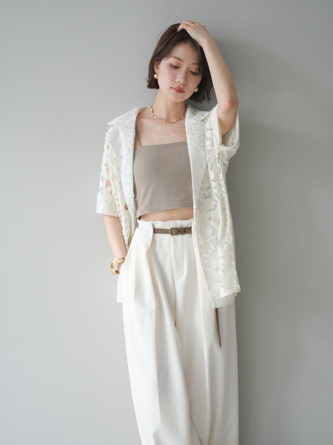 【套裝】花朵蕾絲短袖外套+垂褶收腰帶環長褲（兩件套）