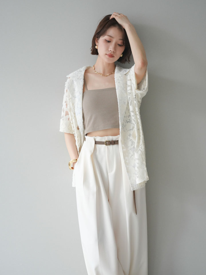 【套裝】花朵蕾絲短袖外套+垂褶收腰帶環長褲（兩件套）