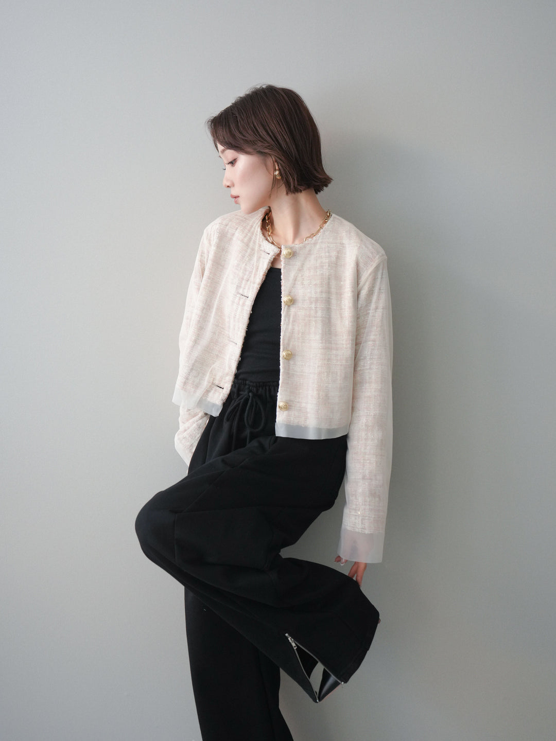 [SET]チュールレイヤードツイードクロップドジャケット+裾ZIPスエットワイドパンツ(2set)