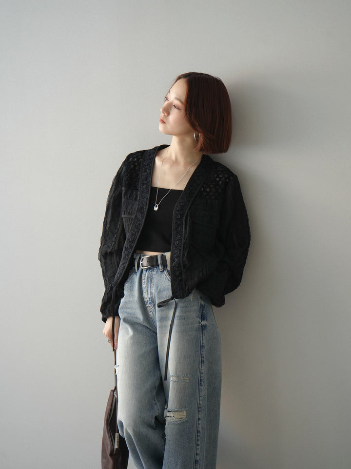 [SET]パッチワークシアーフリルブルゾン+ダメージデニムセミワイドパンツ(2set)