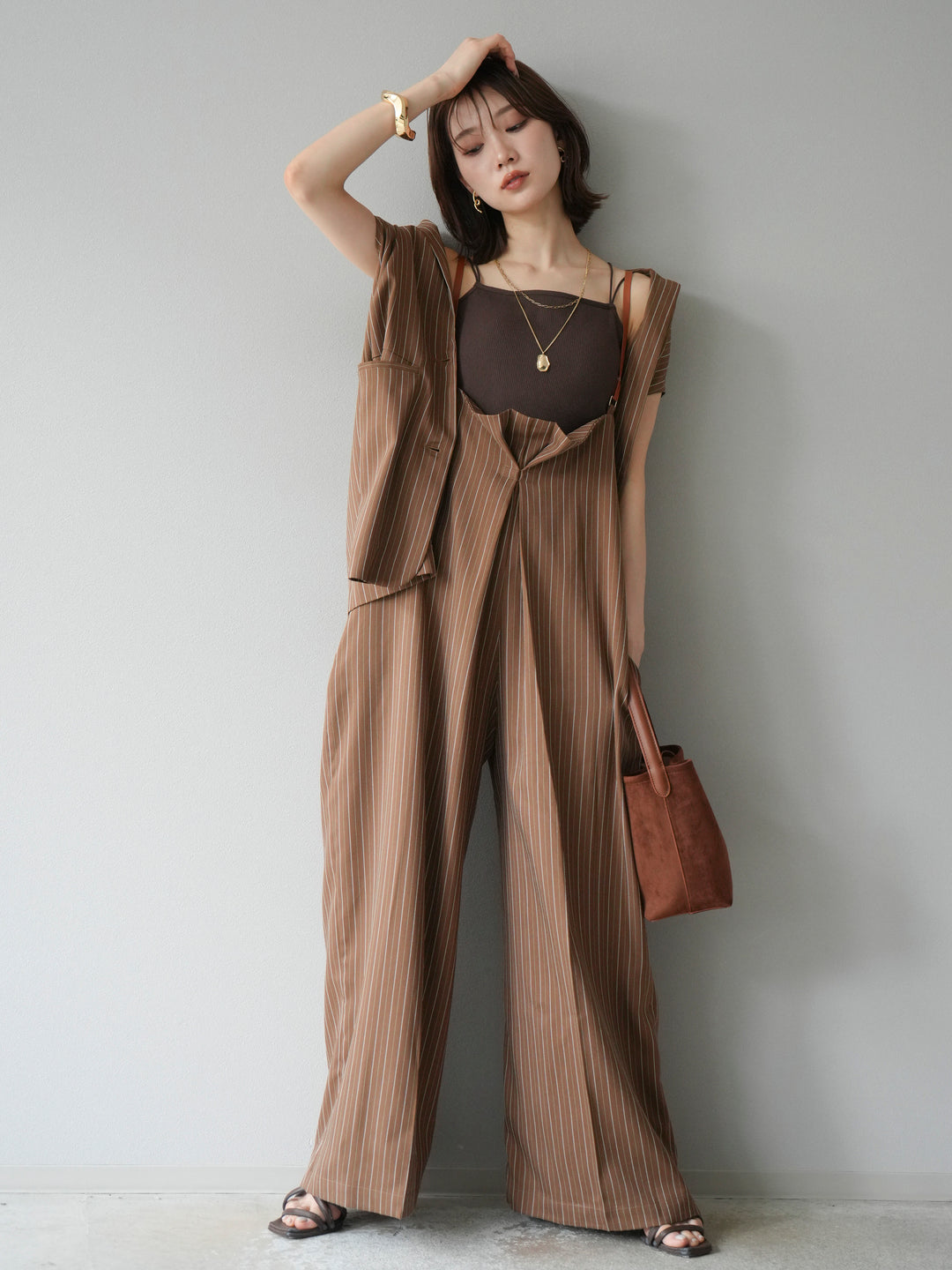 [SET]ヘリンボーンストライプジレ+ヘリンボーンストライプサロペット(2set)