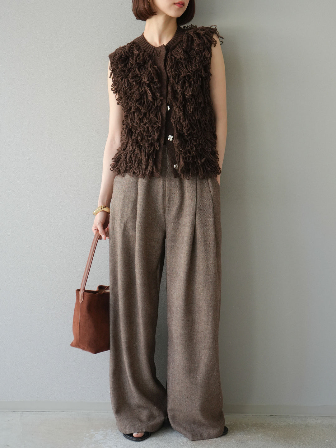 [予約]前開きループニットベスト/ブラウン