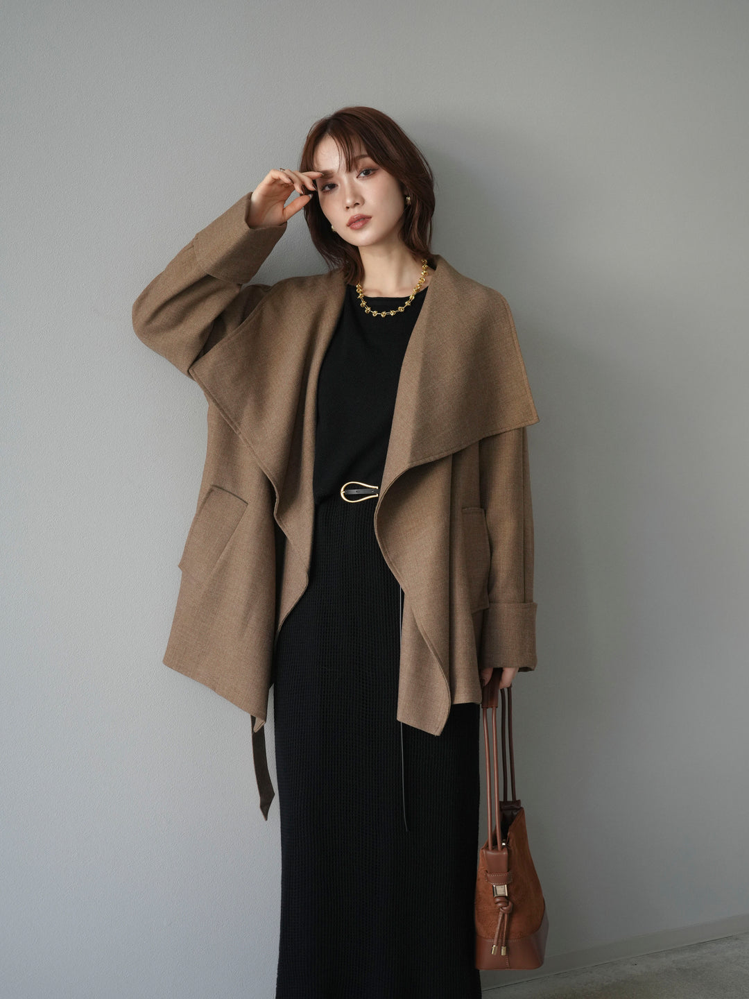 [予約]メッシュ切替ノースリーニットワンピース/black