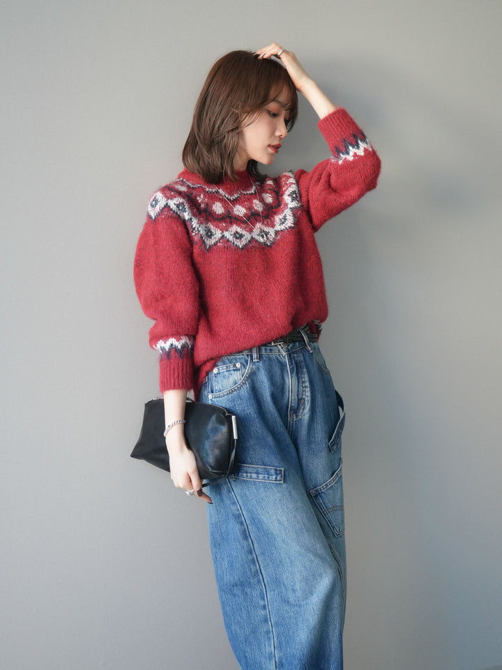 [SET]ソフトタッチ求心柄ニットプルオーバー+ペインターカーブデニムパンツ(2set)