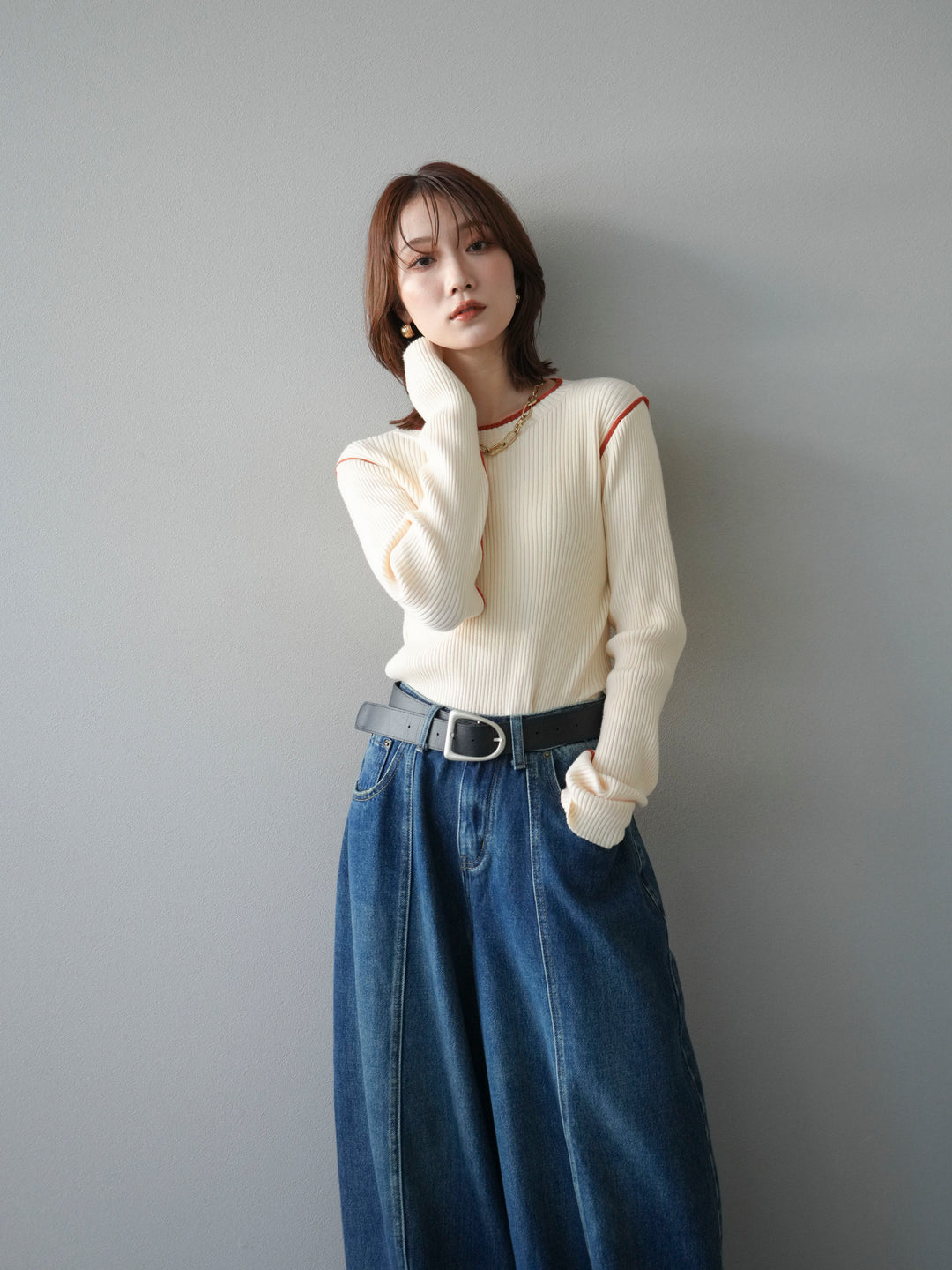[予約]バイカラークルーネックリブニットトップス/ivory