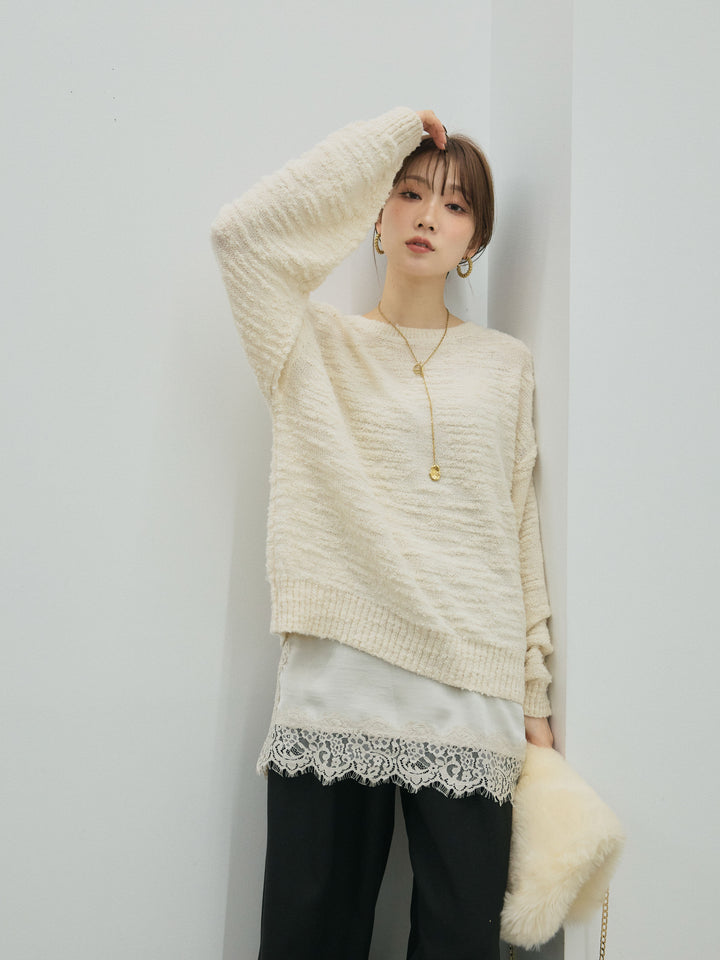 【Allure】[SET]バックリボンニュアンスブークレニットプルオーバー+ループデザインツイルワイドパンツ+サテンレースキャミソール(3set)