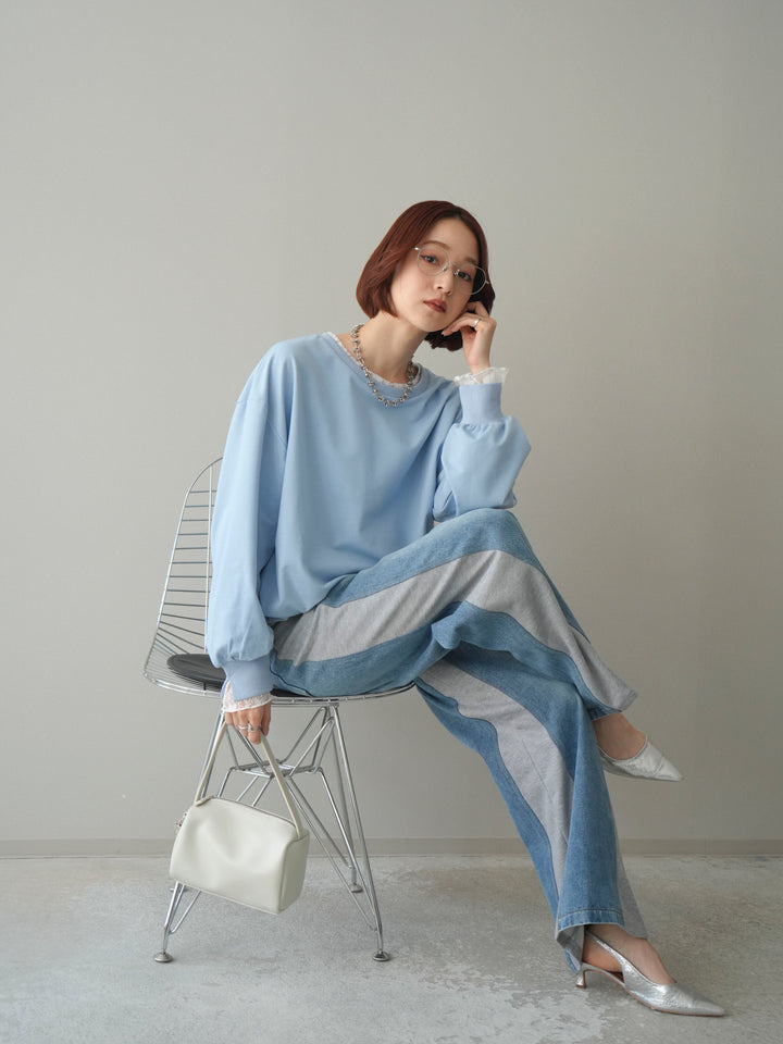 [予約]袖レースカットバルーンプルオーバー/sax