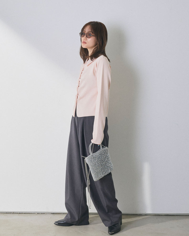 【Allure】[SET]襟付きギャザーニットカーディガン+アシンメトリーウエストタックパンツ(2set)