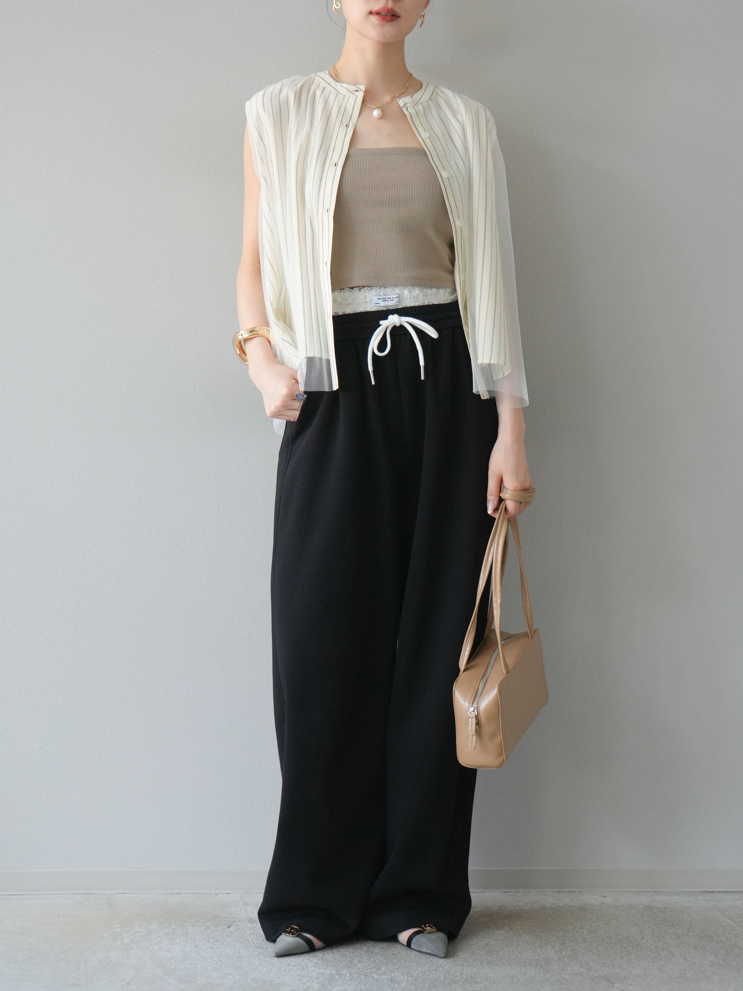 予約]チュールレイヤードストライプノースリーブブラウス/アイボリー