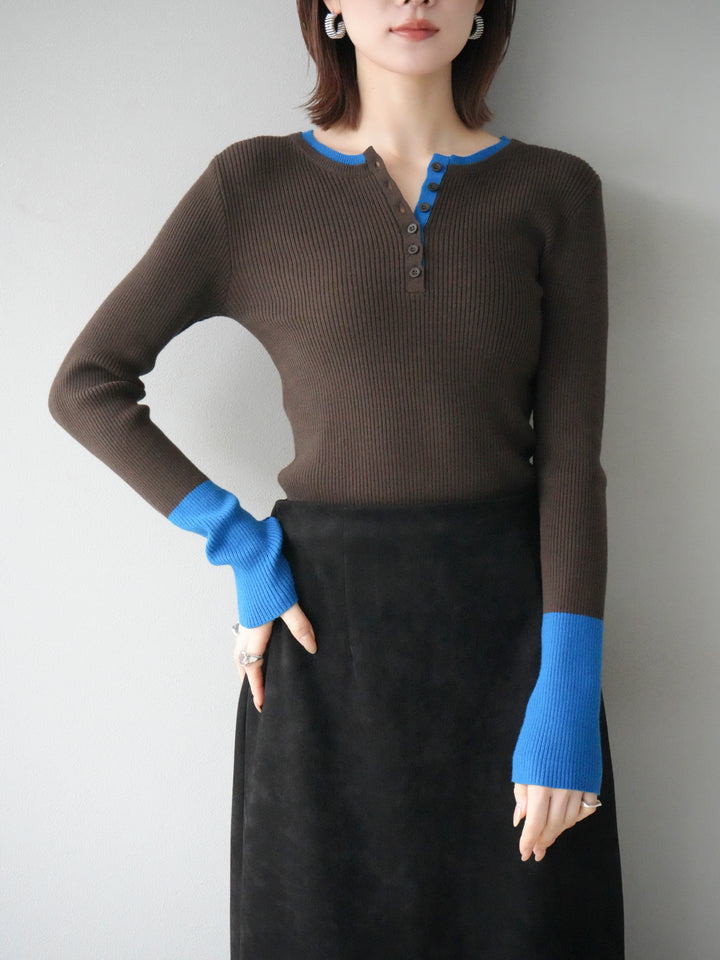 [1]ヘンリーネック配色リブニットトップス/ブラウン