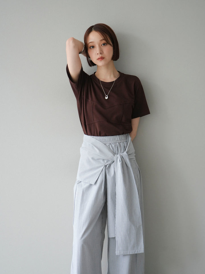 [SET]ビスチェデザインTシャツ+ウエスト巻きストライプイージーパンツ(2set)